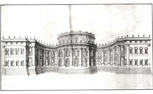ルーヴル美術館の最初のプロジェクト、東ファサードの立面図、「Recueil du Louvre」の第1巻。 4、1664（ペンとインク、紙で洗う）（164014を参照）
